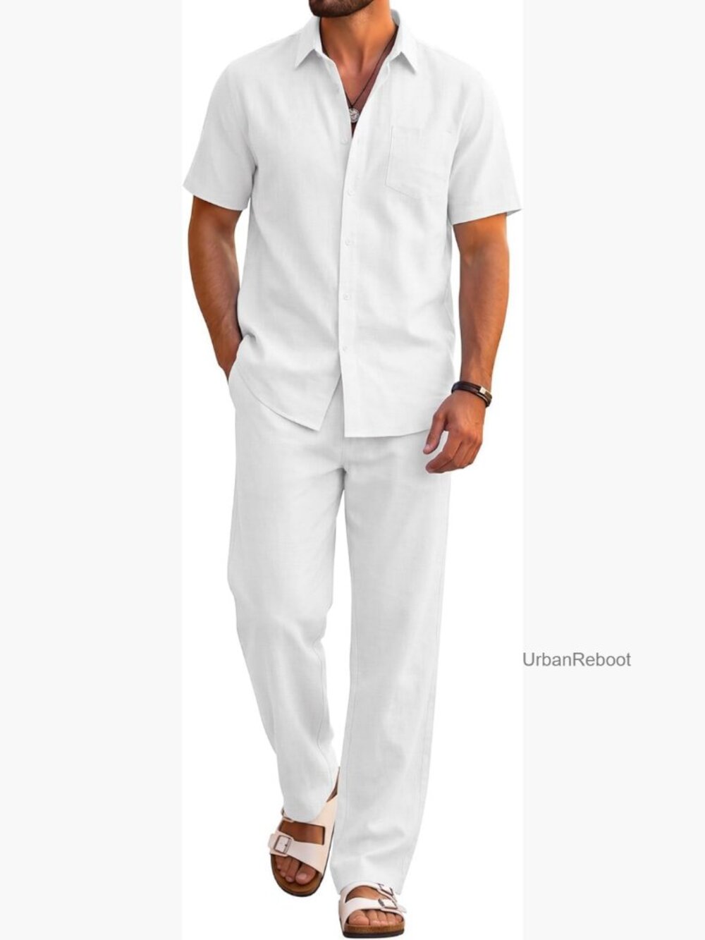 Men's 2 Piece Cotton Beach Outfit Short Sleeve Button Down Shirt Loose Pants Set
